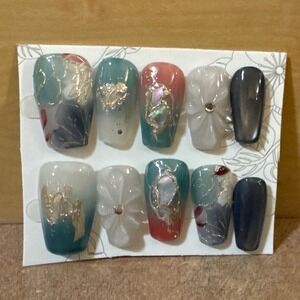 3D Floral Press On Nails Teal Coral Gold Foil Shell Inlay Coffin Fake Nails Set